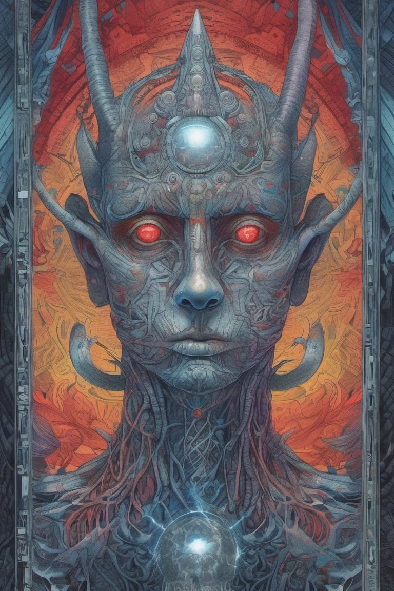 Cosmic Creature, grotesque, highly detailed face, sci-fi, intricate artwork, concept art, graphite and colored pencil illustration, red, blue, teal, purple, yellow, orange, dark fantasy, ominous, symmetry, divine ratio, Visionary, mystical anatomy, vivid surrealism, consciousness, digital fantasy, dark whimsy, world-building, mythology, grotesque horror, surrealistic detailed atmosphere, storytelling symbolism, bold gritty ink, supernatural.