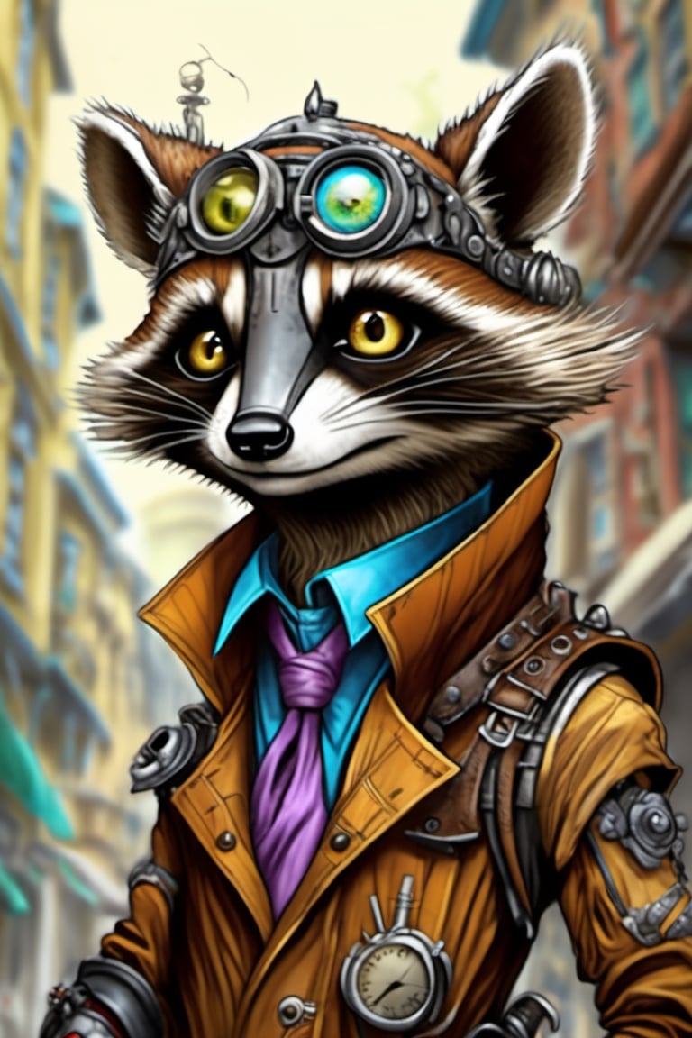 Cute, plump, little, furry, futuristic raccoon-like creature. steampunk style. wearing a purple patched leather trench coat peeks walking through an alley of a busy City Street in a futuristic hidden kingdom in the background. Kind eyes, funny smirk, Tim Burton, Jason Middlebrook, Artur Bordalo, Toshie Kawamura, Brian Froud, symmetry, divine ratio, complex, chiaroscuro, luminism,  intricate colored pencil and ink illustration, thin lines, vivid colors, sharp focus, detailed features, crisp insanely detailed faces, ultra-detailed, concept art, trending on artstation, sharp focus, intricate details, highly detailed. By aruffo3, steampunk style,steampunk,Leonardo Style,vector art illustration