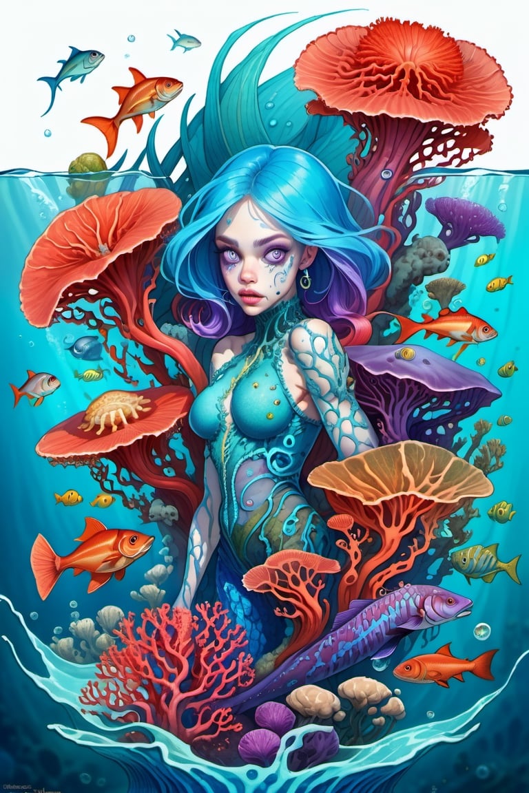 in the style of Sabbas Apterus and Kerem Beyit, a terrifying sea creature made of Sea Coral, underwater, shools of fish, kelp, seaweed, menacing, magical, blue, red, purple, cyan, white, complex and vibrant colors, highly detailed, chiaroscuro, asymmetry, dark comic, graphite pencil illustration, Concept art, by aruffo3
,Monster