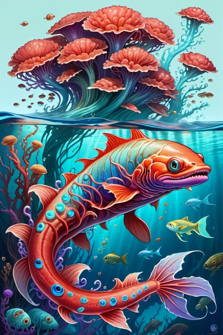 in the style of Sabbas Apterus and Kerem Beyit, a terrifying sea creature made of Sea Coral, underwater, shools of fish, kelp, seaweed, menacing, magical, blue, red, purple, cyan, white, complex and vibrant colors, highly detailed, chiaroscuro, dark comic, graphite pencil illustration, Concept art, by aruffo3
,Monster