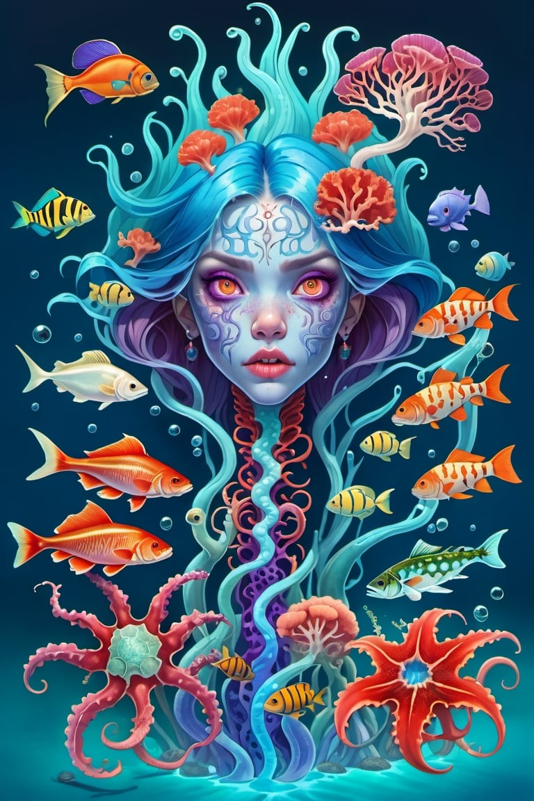 in the style of Sabbas Apterus and Kerem Beyit, a terrifying sea creature made of Sea Coral, underwater, shools of fish, kelp, seaweed, menacing, magical, blue, red, purple, cyan, white, complex and vibrant colors, highly detailed, chiaroscuro, symmetry, dark comic, graphite pencil illustration, Concept art, by aruffo3
,Monster