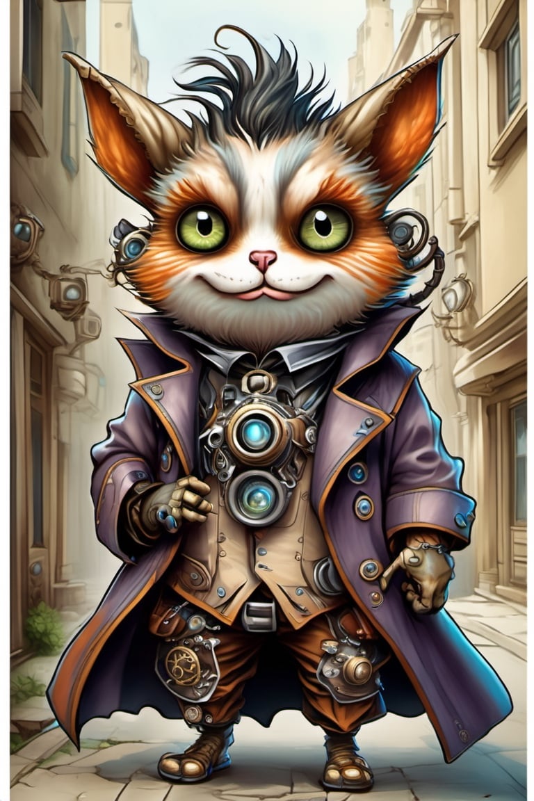 Cute plump little furry futuristic demon steampunk style wearing a purple leather trench coat peeks out from the alley of a busy City Street in a futuristic hidden kingdom in the background. Kind eyes, funny smirk, Tim Burton, Jason Middlebrook, Artur Bordalo, Toshie Kawamura, Brian Froud, symmetry, divine ratio, complex, chiaroscuro, luminism,  intricate colored pencil and ink illustration, thin lines, vivid colors, sharp focus, detailed features, crisp | insanely detailed faces, ultra-detailed, concept art, light leaks, Tenebrism,  trending on artstation, sharp focus, intricate details, highly detailed. By aruffo3,steampunk style,steampunk,Leonardo Style