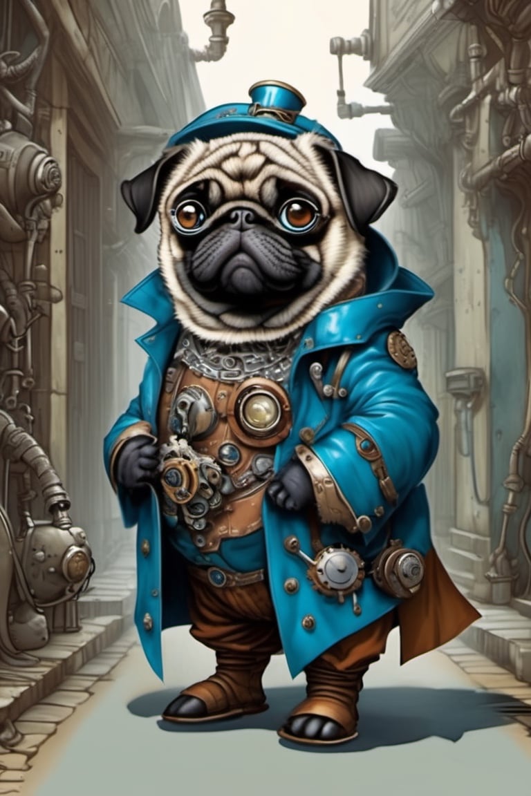 Cute, plump, little, furry, futuristic pug-like creature. steampunk style. wearing a patched purple and blue leather trench coat peeks walking through an alley of a busy City Street in a futuristic hidden kingdom in the background. Kind eyes, funny smirk, Tim Burton, Jason Middlebrook, Artur Bordalo, Toshie Kawamura, Brian Froud, symmetry, divine ratio, complex, chiaroscuro, intricate colored pencil and ink illustration, thin lines, vivid colors, sharp focus, detailed features, crisp insanely detailed faces, ultra-detailed, concept art, trending on artstation, sharp focus, intricate details, highly detailed. By aruffo3, steampunk style,steampunk,Leonardo Style,vector art illustration