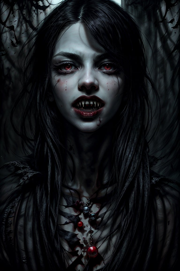 blkmndy, A ethereal vampire queen, mouth with large white fangs, beautiful lighting, masterpiece, horror, blood, gore, volumetric lighting, 4k, jinx & Vi from arcane, perfect composition, beautiful detailed intricate insanely detailed octane render trending on artstation, 8 k artistic photography, photorealistic concept art, soft natural volumetric cinematic perfect light, chiaroscuro, award-winning photograph, oil on canvas,  dripping paint, raphael, caravaggio,  beeple, beksinski, giger, black and white, comic style,fangs