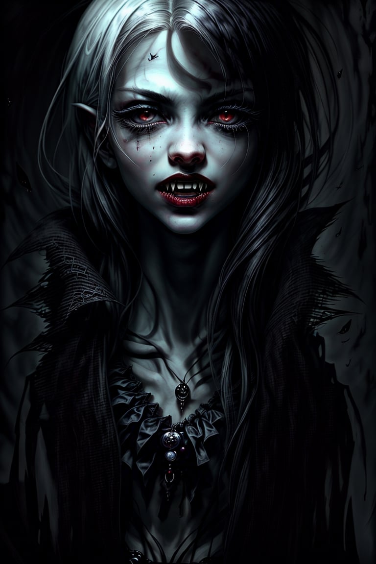 blkmndy, A ethereal vampire queen, mouth with large white fangs, beautiful lighting, masterpiece, horror, blood, gore, volumetric lighting, 4k, jinx & Vi from arcane, perfect composition, beautiful detailed intricate insanely detailed octane render trending on artstation, 8 k artistic photography, photorealistic concept art, soft natural volumetric cinematic perfect light, chiaroscuro, award-winning photograph, oil on canvas,  dripping paint, raphael, caravaggio,  beeple, beksinski, giger, black and white, comic style,fangs