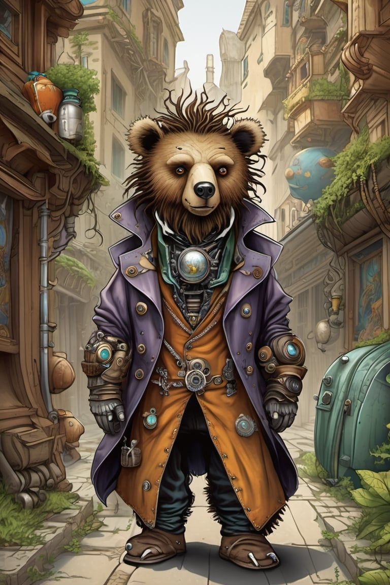 Cute, plump, little, furry, futuristic bear-like creature. dreadlocks steampunk style. wearing a purple leather trench coat peeks out from the alley of a busy City Street in a futuristic hidden kingdom in the background. Kind eyes, funny smirk, Tim Burton, Jason Middlebrook, Artur Bordalo, Toshie Kawamura, Brian Froud, symmetry, divine ratio, complex, chiaroscuro, luminism,  intricate colored pencil and ink illustration, thin lines, vivid colors, sharp focus, detailed features, crisp insanely detailed faces, ultra-detailed, concept art, light leaks, trending on artstation, sharp focus, intricate details, highly detailed. By aruffo3, steampunk style,steampunk,Leonardo Style,vector art illustration