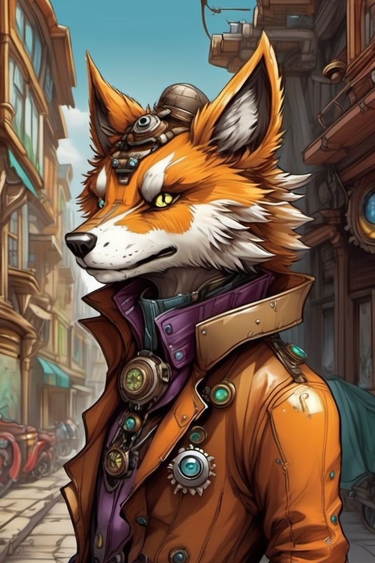 Cute plump little furry futuristic wolf-like creature. steampunk style. wearing a purple leather trench coat peeks out from the alley of a busy City Street in a futuristic hidden kingdom in the background. Kind eyes, funny smirk, Tim Burton, Jason Middlebrook, Artur Bordalo, Toshie Kawamura, Brian Froud, symmetry, divine ratio, complex, chiaroscuro, luminism,  intricate colored pencil and ink illustration, thin lines, vivid colors, sharp focus, detailed features, crisp insanely detailed faces, ultra-detailed, concept art, light leaks, trending on artstation, sharp focus, intricate details, highly detailed. By aruffo3, steampunk style,steampunk,Leonardo Style,vector art illustration