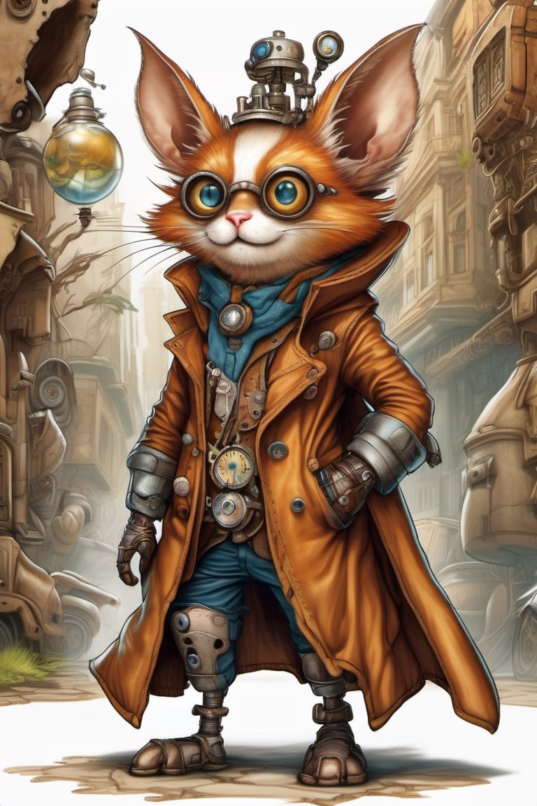 Cute, plump, little, furry, futuristic alien-like creature. steampunk style. wearing a purple patched leather trench coat peeks walking through an alley of a busy City Street in a futuristic hidden kingdom in the background. Kind eyes, funny smirk, Tim Burton, Jason Middlebrook, Artur Bordalo, Toshie Kawamura, Brian Froud, symmetry, divine ratio, complex, chiaroscuro, luminism,  intricate colored pencil and ink illustration, thin lines, vivid colors, sharp focus, detailed features, crisp insanely detailed faces, ultra-detailed, concept art, trending on artstation, sharp focus, intricate details, highly detailed. By aruffo3, steampunk style,steampunk,Leonardo Style,vector art illustration