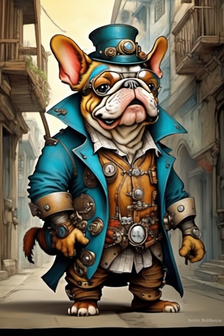 Cute, plump, little, furry, futuristic bulldog-like creature. steampunk style. wearing a patched purple and blue leather trench coat peeks walking through an alley of a busy City Street in a futuristic hidden kingdom in the background. Kind eyes, funny smirk, Tim Burton, Jason Middlebrook, Artur Bordalo, Toshie Kawamura, Brian Froud, symmetry, divine ratio, complex, chiaroscuro, luminism,  intricate colored pencil and ink illustration, thin lines, vivid colors, sharp focus, detailed features, crisp insanely detailed faces, ultra-detailed, concept art, trending on artstation, sharp focus, intricate details, highly detailed. By aruffo3, steampunk style,steampunk,Leonardo Style,vector art illustration