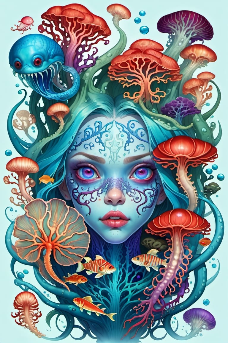 in the style of Sabbas Apterus and Kerem Beyit, a terrifying sea creature made of Sea Coral, underwater, shools of fish, kelp, seaweed, menacing, magical, blue, red, purple, cyan, white, complex and vibrant colors, highly detailed, chiaroscuro, symmetry, dark comic, graphite pencil illustration, Concept art, by aruffo3
,Monster