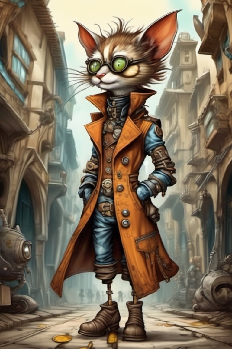 Cute, plump, little, furry, futuristic alien-like creature. steampunk style. wearing a purple patched leather trench coat peeks walking through an alley of a busy City Street in a futuristic hidden kingdom in the background. Kind eyes, funny smirk, Tim Burton, Jason Middlebrook, Artur Bordalo, Toshie Kawamura, Brian Froud, symmetry, divine ratio, complex, chiaroscuro, luminism,  intricate colored pencil and ink illustration, thin lines, vivid colors, sharp focus, detailed features, crisp insanely detailed faces, ultra-detailed, concept art, trending on artstation, sharp focus, intricate details, highly detailed. By aruffo3, steampunk style,steampunk,Leonardo Style,vector art illustration