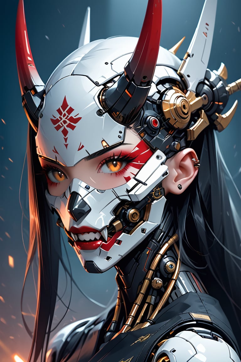 girl, mask, robot, science fiction, android, cyborg, robot joints, cyberpunk, mechanical parts, mask, blunt bangs, oni, horns, metallic, spikes, white and black and gold theme
