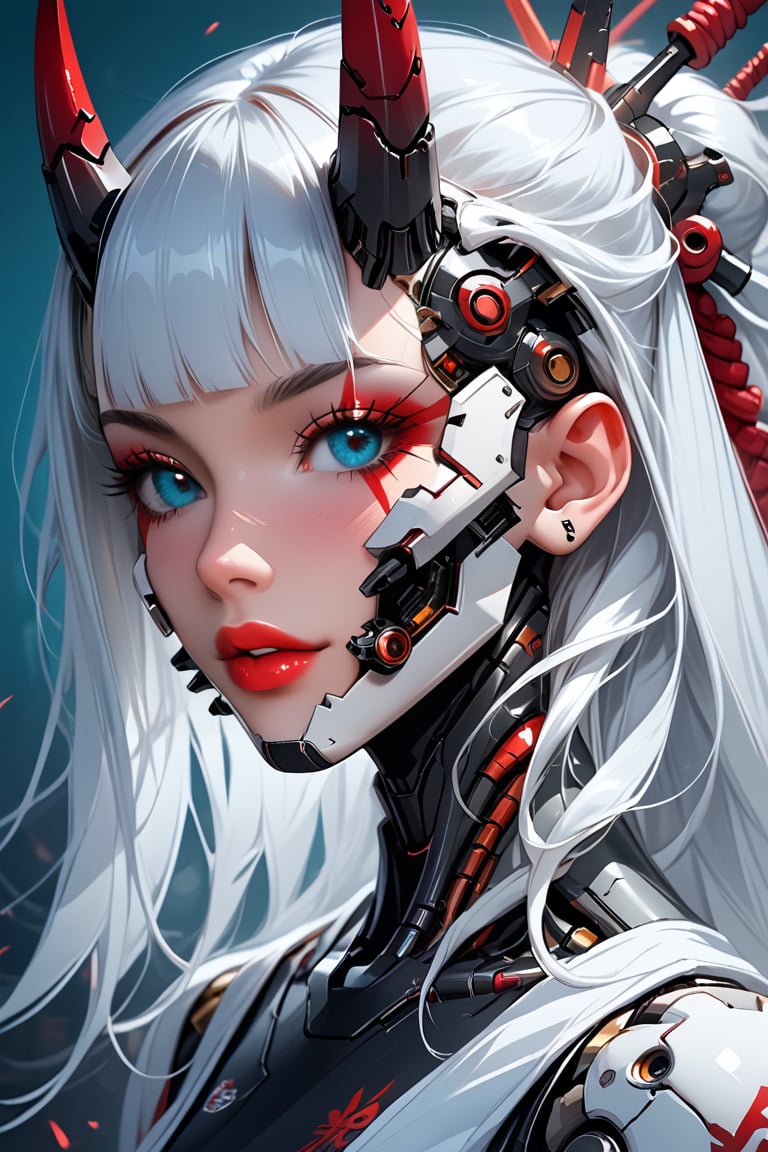 girl, cute, mask, face and lips made of metal, white hair, robot, science fiction, android, cyborg, robot joints, cyberpunk, mechanical parts, mask, blunt bangs, oni, horns, metallic, spikes, black and gold and red
