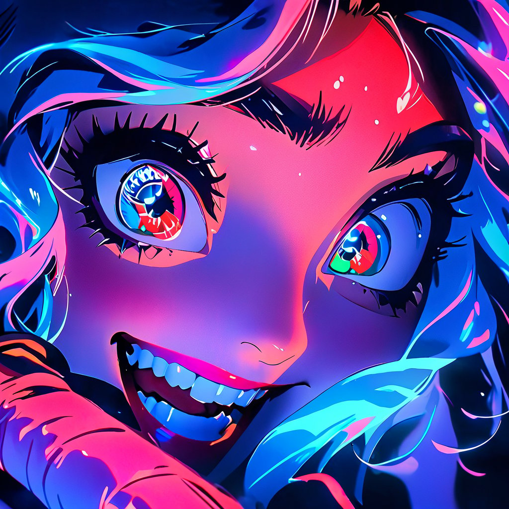 pretty girl, big eyes, hyper realistic masterpiece in pastel and neon colors, beautiful 3d realistic anime woman, perfect face, smoky atmosphere, hyper realistic masterpiece of a hyper realistic 3d anime vampire woman, showing teeth in crazy smile, dressed in black and red, with luminous platinum white hair, pale white skin, visible particles, light from behind, hyper realistic detailed lighting, hyper realistic shadows hyper realistic masterpiece, high contrast water pastel color blending, sharp focus, digital painting, pastel blending art, digital art, clean art, contrast color, contrast, colorful, deep intense color, studio lighting, dynamic light, deliberate, concept art, high contrast light, strong backlight, hyper detailed, super detailed, render, hyper realistic, ultra realistic