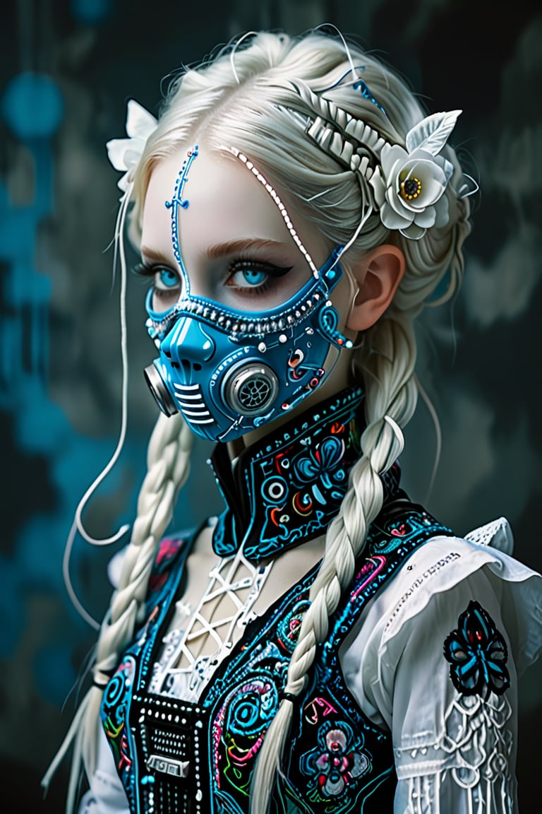 girl, elf with smook, Nordic beautiful girl:1.2,(Pure white long Pigtail),(Wearing gas mask),
Picture a mesmerizing fusion where the rich heritage of Hmong ethnic attire,Embroidery that emits light with Led, elf ear,
 intertwines with the enchanting world of Cyber Lolita fashion garment, a visual symphony, showcases vibrant cross-stitch patterns reminiscent of Hmong craftsmanship, meticulously stitched in an array of colors, dress flows gracefully, embracing the whimsical elegance of Lolita fashion with lace, bows, and layers,  Each detail a brushstroke in this vibrant canvas, tells a story of cultural richness cyberpunk,Flower queen,colorful,Realistic Blue Eyes,circuitboard