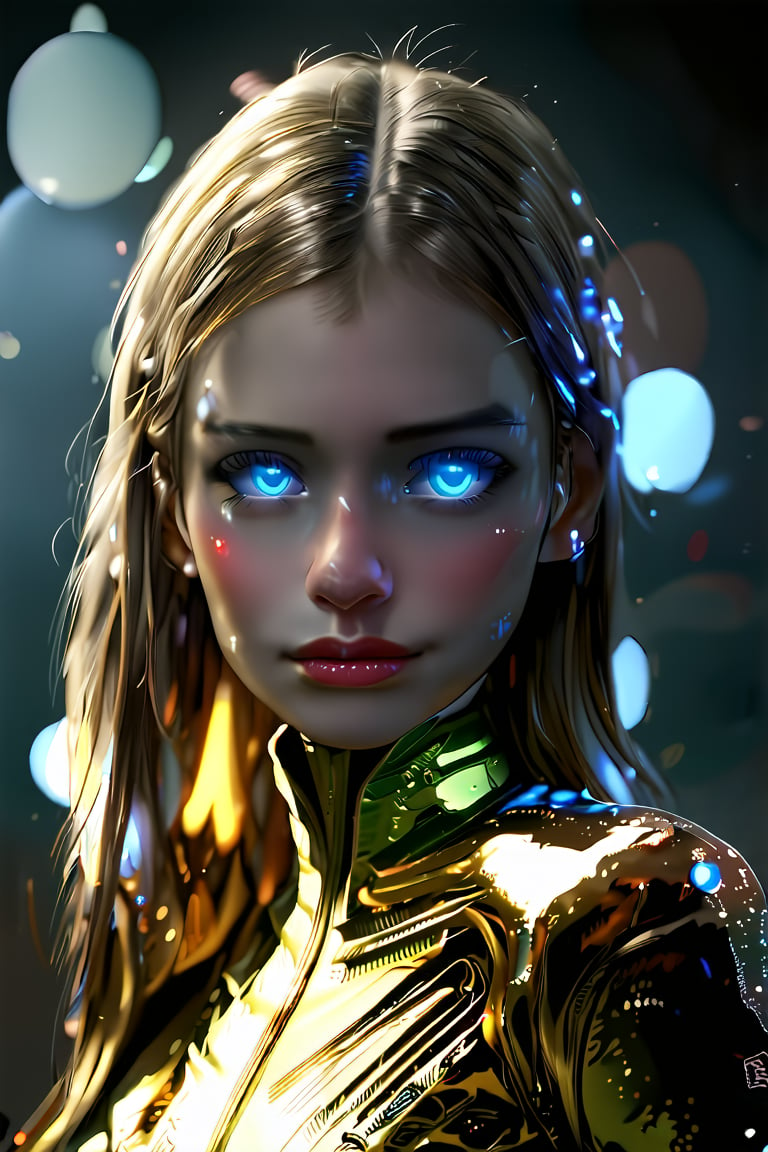 girl, cute, blurry background, glowing, glowing eyes, science fiction, elegant clothes, gold neon, cute