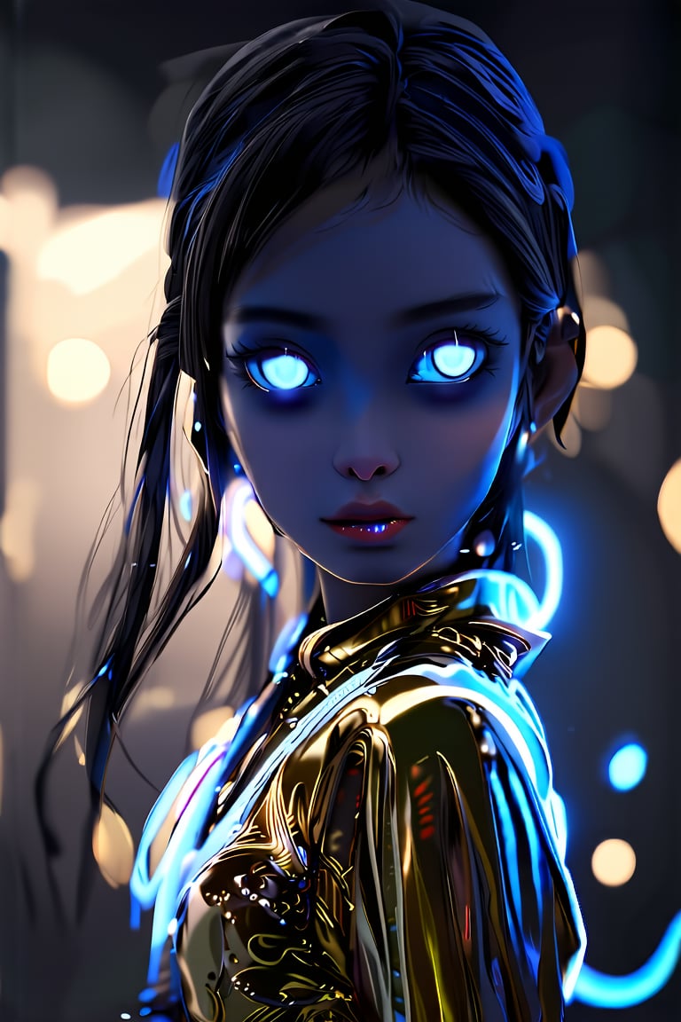 girl, cute, blurry background, glowing, glowing eyes, science fiction, elegant clothes, gold neon, cute