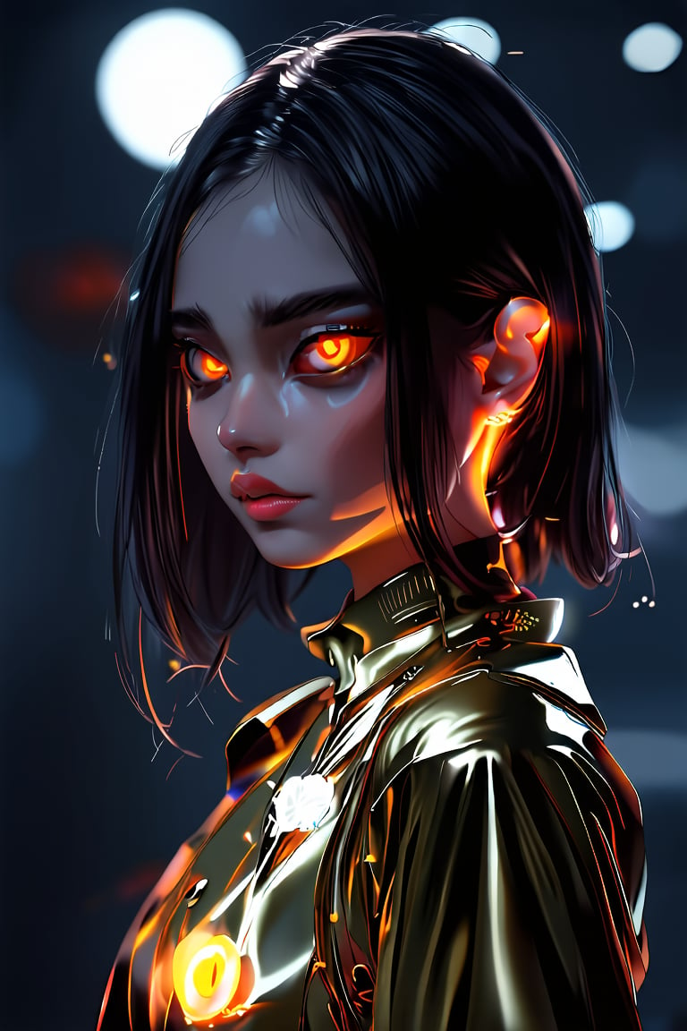 girl, cute, blurry background, glowing, glowing eyes, science fiction, elegant clothes, gold neon, cute