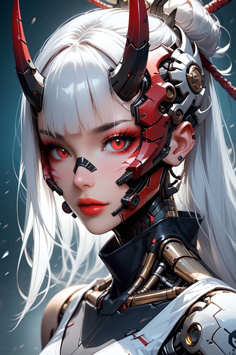 girl, cute, mask, metal face and lips, white hair, robot, science fiction, android, cyborg, robot joints, cyberpunk, mechanical parts, mask, blunt bangs, oni, horns, metallic, spikes, black and gold and red
