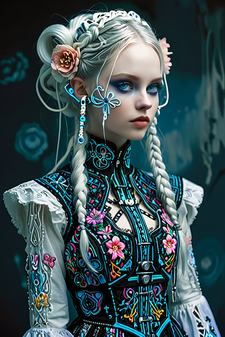 girl, elf with smook, Nordic beautiful girl:1.2,(Pure white long Pigtail),(Wearing gas mask),
Picture a mesmerizing fusion where the rich heritage of Hmong ethnic attire,Embroidery that emits light with Led, elf ear,
 intertwines with the enchanting world of Cyber Lolita fashion garment, a visual symphony, showcases vibrant cross-stitch patterns reminiscent of Hmong craftsmanship, meticulously stitched in an array of colors, dress flows gracefully, embracing the whimsical elegance of Lolita fashion with lace, bows, and layers,  Each detail a brushstroke in this vibrant canvas, tells a story of cultural richness cyberpunk,Flower queen,colorful,Realistic Blue Eyes,circuitboard