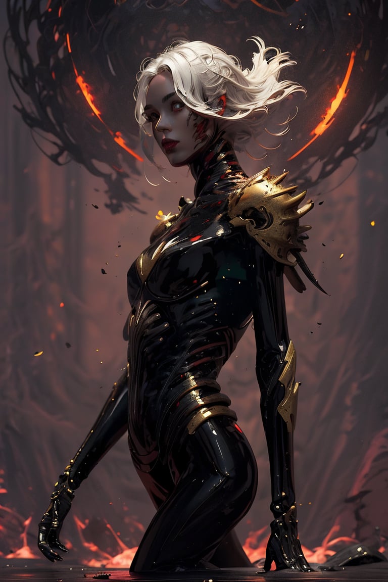 girl. (detailed face:1.2), (perfect face), (full body), | (beautiful detailed eyes:1.2), pale skin tone, short long messy white hair with crimson parts, light red eyes with light. dark futuristic tech black shiny space armor with gold and red parts with light. "Create a captivating and highly detailed illustration of a girl immersed in a surreal, post-apocalyptic world with both fantasy and science fiction elements. high quality. hyper realism.

This artwork should encompass elements of bio-robotic art, biomechanical sculpture, and animatrix style design. It displays a perfect blend of organic and mechanical elements. The scene should be rendered with intricate detail, high quality HDR images, and vibrant colors.

Beautifully detailed face, with perfect eyes. The whole composition should be a photo-realistic masterpiece, combining fantasy and science fiction elements into one visually striking piece of art.