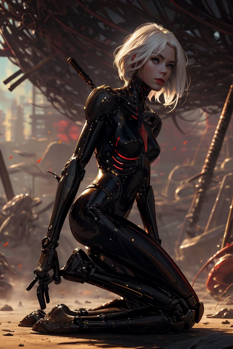 girl. (detailed face:1.2), (perfect face), (full body), | (beautiful detailed eyes:1.2), pale skin tone, short long messy white hair with crimson parts, light red eyes with light. dark futuristic tech black shiny space armor with gold and red parts with light. "Create a captivating and highly detailed illustration of a girl immersed in a surreal, post-apocalyptic world with both fantasy and science fiction elements. high quality. hyper realism.

This artwork should encompass elements of bio-robotic art, biomechanical sculpture, and animatrix style design. It displays a perfect blend of organic and mechanical elements. The scene should be rendered with intricate detail, high quality HDR images, and vibrant colors.

Beautifully detailed face, with perfect eyes. The whole composition should be a photo-realistic masterpiece, combining fantasy and science fiction elements into one visually striking piece of art.