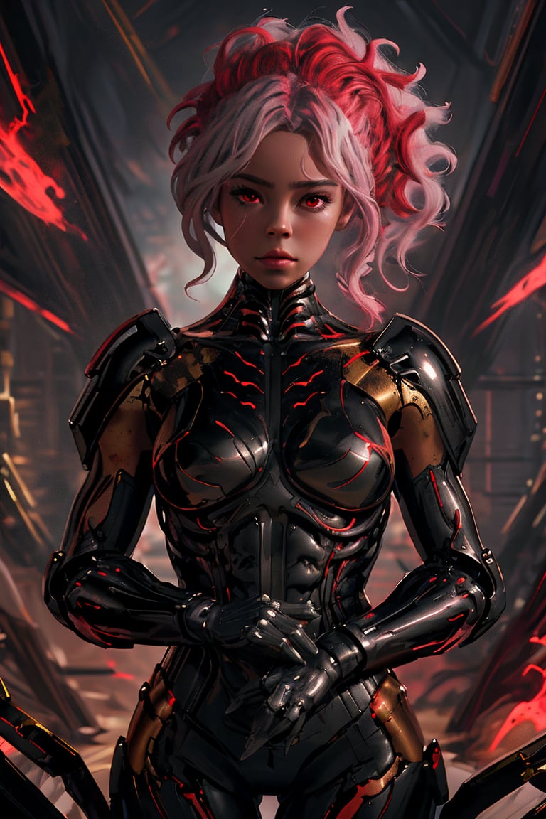 girl. (detailed face:1.2), (perfect face), (full body), | (beautiful detailed eyes:1.2), pale skin tone, short long messy white hair with crimson parts, light red eyes with light. dark futuristic tech black shiny space armor with gold and red parts with light. "Create a captivating and highly detailed illustration of a girl immersed in a surreal, post-apocalyptic world with both fantasy and science fiction elements. high quality. hyper realism.

This artwork should encompass elements of bio-robotic art, biomechanical sculpture, and animatrix style design. It displays a perfect blend of organic and mechanical elements. The scene should be rendered with intricate detail, high quality HDR images, and vibrant colors.

Beautifully detailed face, with perfect eyes. The whole composition should be a photo-realistic masterpiece, combining fantasy and science fiction elements into one visually striking piece of art.