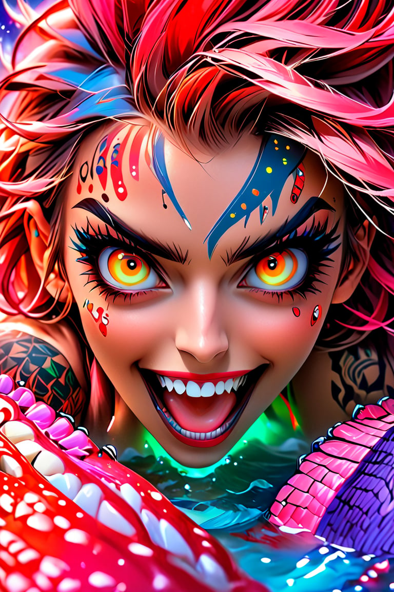 pretty girl, (face tattooed with patterns), colorful eyes, hyper realistic masterpiece in pastel and neon colors, beautiful 3d realistic anime woman, perfect face, smoky atmosphere, hyper realistic masterpiece, hyper realistic 3d anime vampire woman, (showing teeth and big fangs) (cute smile), dressed in black and red, (luminous platinum white hair), (pale white skin), visible particles, light from behind, hyper realistic detailed lighting, hyper realistic shadows hyper realistic masterpiece, high contrast water pastel color blending, sharp focus, digital painting, pastel blending art, digital art, clean art, contrast color, contrast, colorful, deep intense color, studio lighting, dynamic light, deliberate, concept art, high contrast light, strong backlight, hyper detailed, super detailed