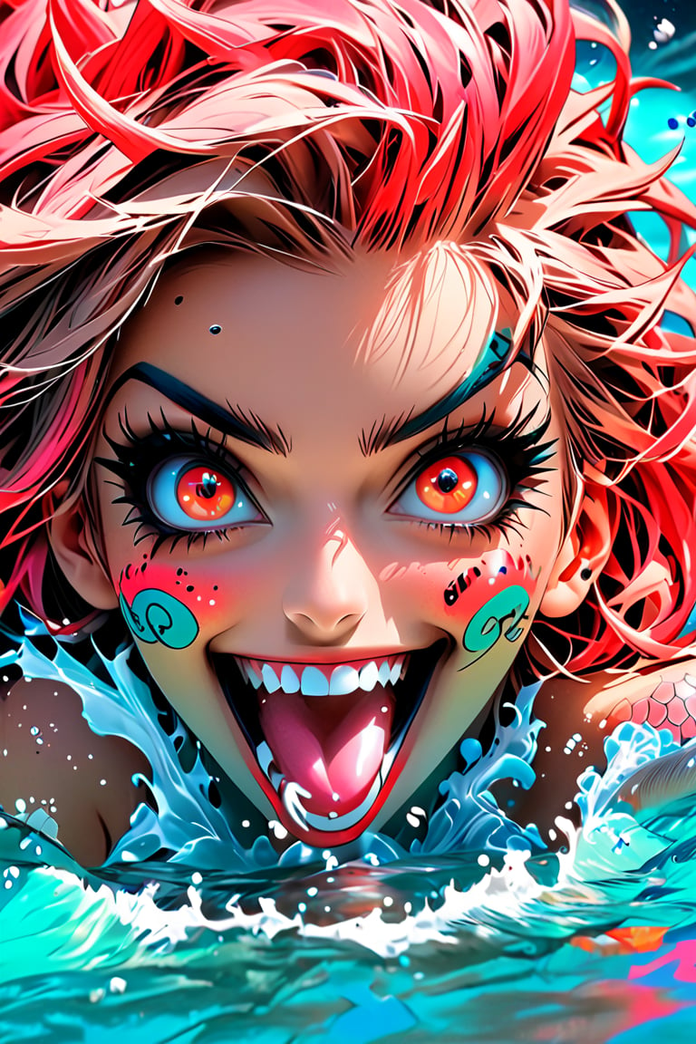 pretty girl, (face tattooed with patterns), colorful eyes, hyper realistic masterpiece in pastel and neon colors, beautiful 3d realistic anime woman, perfect face, smoky atmosphere, hyper realistic masterpiece, hyper realistic 3d anime vampire woman, (showing teeth and big fangs) (cute smile), dressed in black and red, (luminous platinum white hair), (pale white skin), visible particles, light from behind, hyper realistic detailed lighting, hyper realistic shadows hyper realistic masterpiece, high contrast water pastel color blending, sharp focus, digital painting, pastel blending art, digital art, clean art, contrast color, contrast, colorful, deep intense color, studio lighting, dynamic light, deliberate, concept art, high contrast light, strong backlight, hyper detailed, super detailed