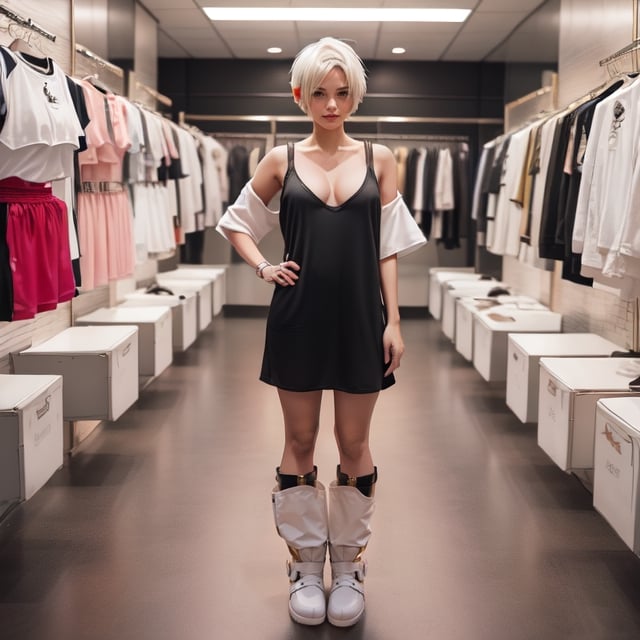 creates a beautiful young woman, ((standing facing forward)).
(((she has full body, short white hair and shoes inside the picture))). (((small breasts))).
She wears gold, black, white and pink casual clothes with metallic details. dress. ((she wears sports ankle boots))