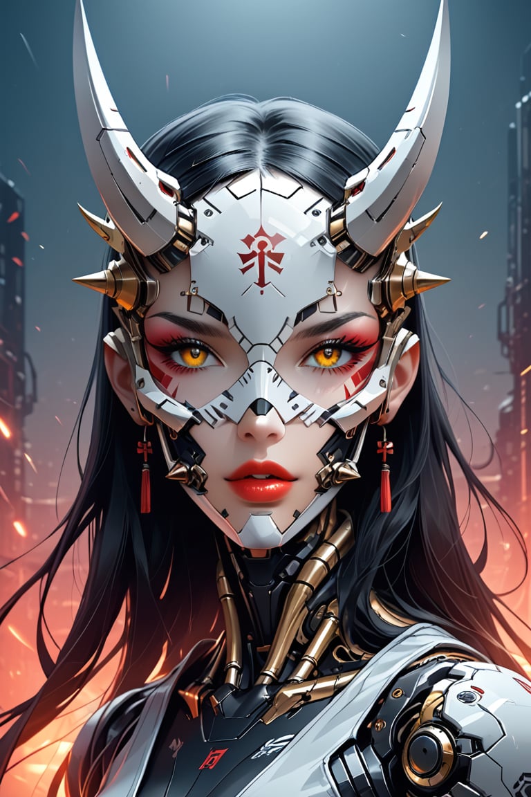 girl, mask, robot, science fiction, android, cyborg, robot joints, cyberpunk, mechanical parts, mask, blunt bangs, oni, horns, metallic, spikes, white and black and gold theme, lips
