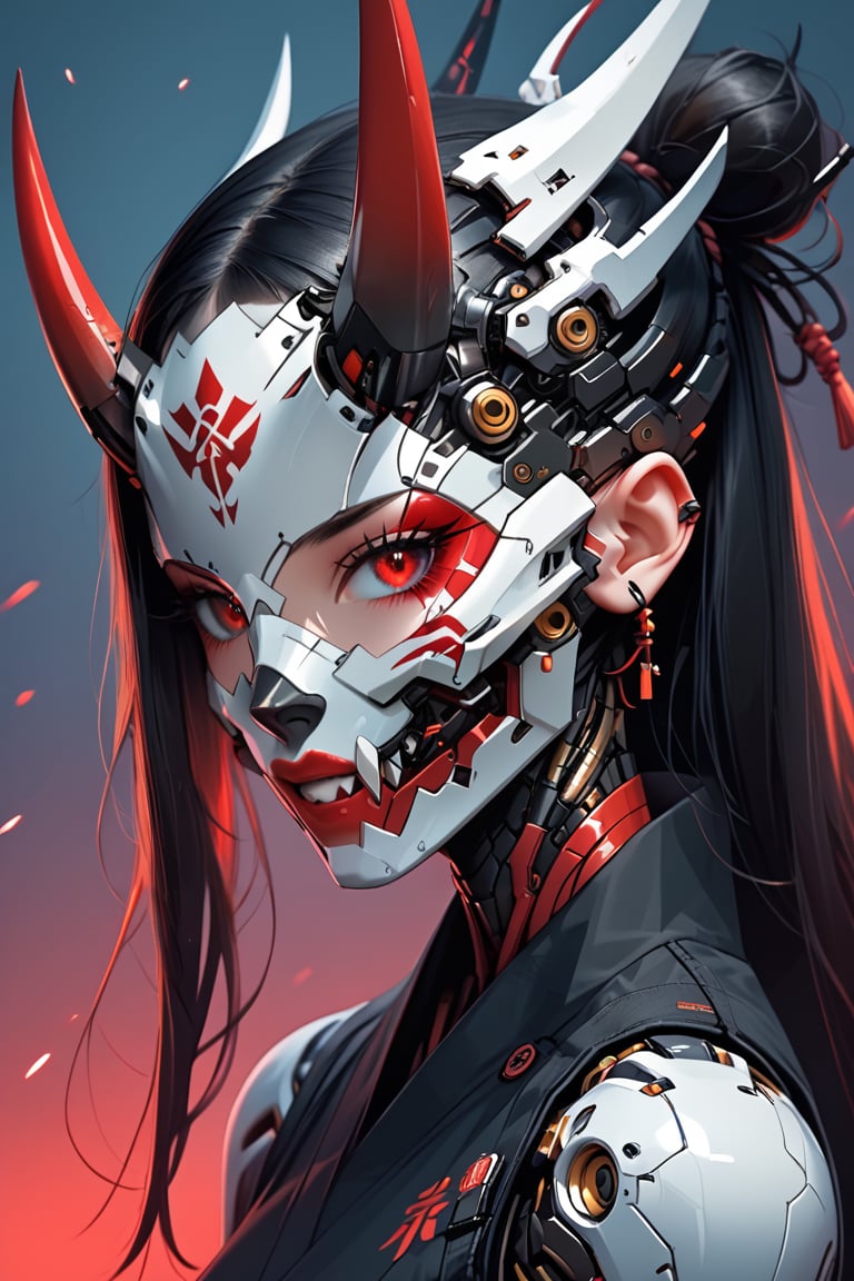 girl, cute, mask, robot, science fiction, android, cyborg, robot joints, cyberpunk, mechanical parts, mask, blunt bangs, oni, horns, metallic, spikes, black and gold and red
