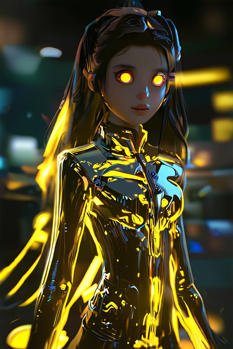 girl, cute, blurry background, glowing, glowing eyes, science fiction, elegant clothes, gold neon, cute