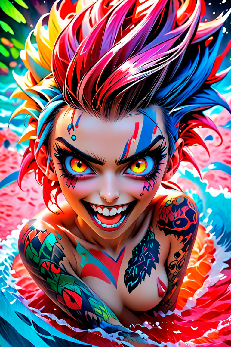 pretty girl, (face tattooed with colorful patterns), colorful eyes, hyper realistic masterpiece in pastel and neon colors, beautiful 3d realistic anime woman, perfect face, smoky atmosphere, hyper realistic masterpiece of a hyper realistic 3d anime vampire woman, showing teeth and fangs in smile, dressed in black and red, with luminous platinum white hair, pale white skin, visible particles, light from behind, hyper realistic detailed lighting, hyper realistic shadows hyper realistic masterpiece, high contrast water pastel color blending, sharp focus, digital painting, pastel blending art, digital art, clean art, contrast color, contrast, colorful, deep intense color, studio lighting, dynamic light, deliberate, concept art, high contrast light, strong backlight, hyper detailed, super detailed