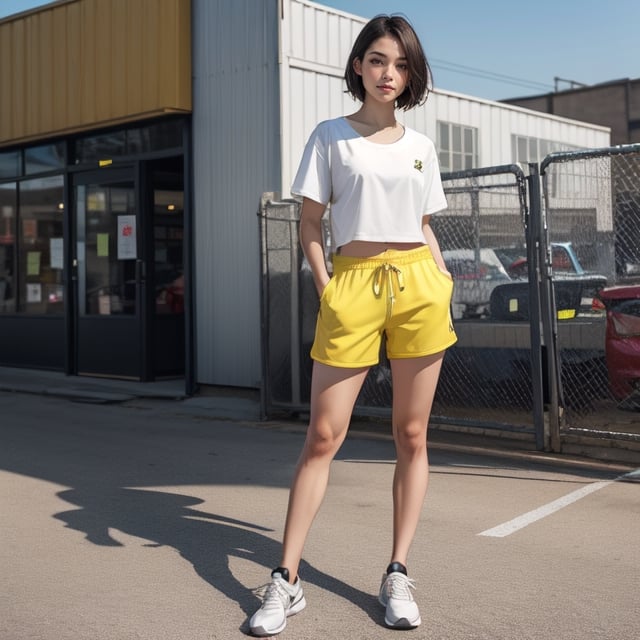 a standing woman looking straight ahead and with her whole body, short hair and shoes inside the image.
she has small breasts. she wears black, yellow, white and red casual clothes. she wears sports shoes.
