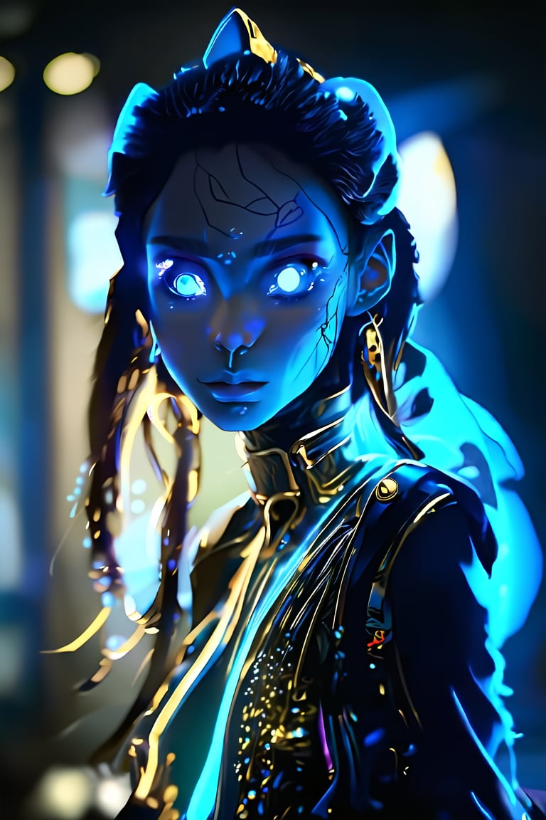 girl, blurry background, glowing, glowing eyes, science fiction, alien, elegant clothes, gold neon, cute