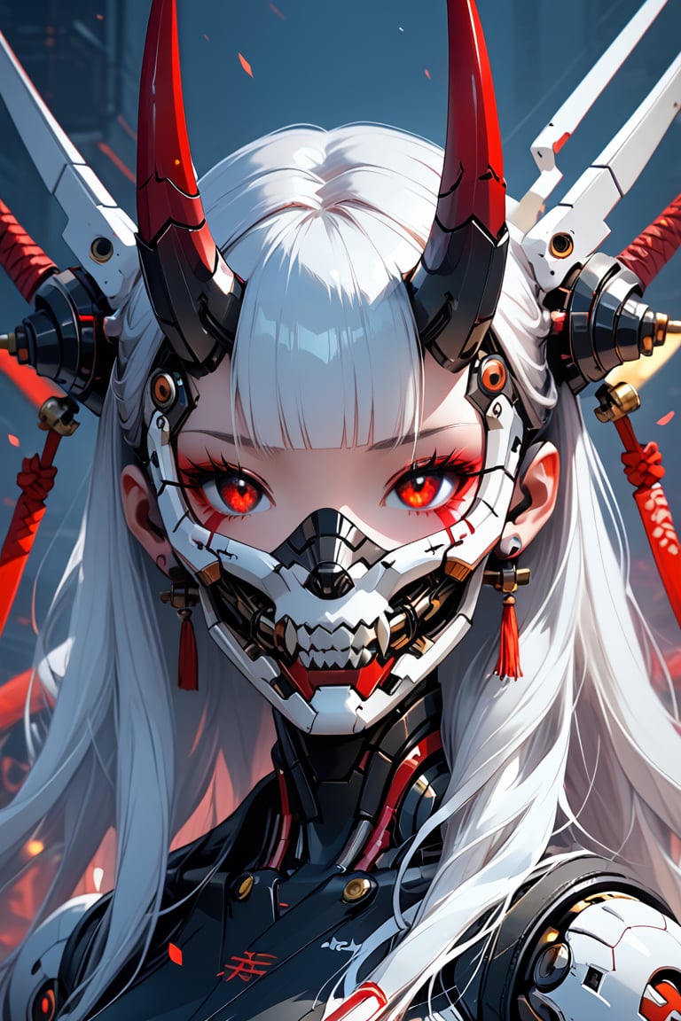 girl, cute, mask, white hair, robot, science fiction, android, cyborg, robot joints, cyberpunk, mechanical parts, mask, blunt bangs, oni, horns, metallic, spikes, black and gold and red
