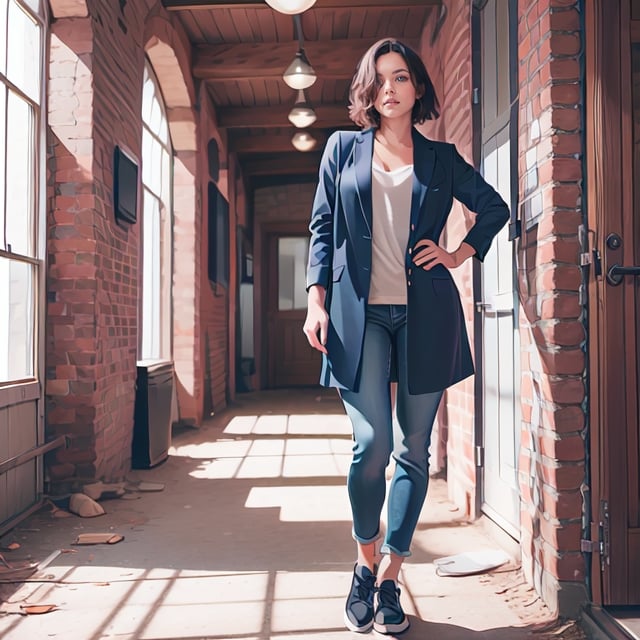 a standing woman looking straight ahead and with her whole body, hair and shoes inside the image