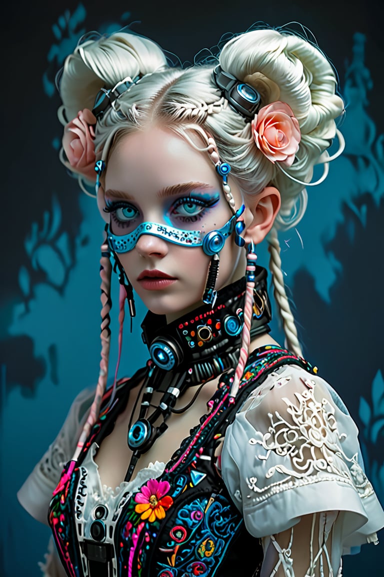 girl, elf with smook, Nordic beautiful girl:1.2,(Pure white long Pigtail),(Wearing gas mask),
Picture a mesmerizing fusion where the rich heritage of Hmong ethnic attire,Embroidery that emits light with Led, elf ear,
 intertwines with the enchanting world of Cyber Lolita fashion garment, a visual symphony, showcases vibrant cross-stitch patterns reminiscent of Hmong craftsmanship, meticulously stitched in an array of colors, dress flows gracefully, embracing the whimsical elegance of Lolita fashion with lace, bows, and layers,  Each detail a brushstroke in this vibrant canvas, tells a story of cultural richness cyberpunk,Flower queen,colorful,Realistic Blue Eyes,circuitboard