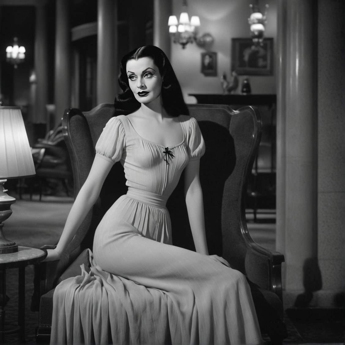 soft focus, low saturation, low contrast, low diffused lighting, photorealistic, highest resolution possible, slight film grain. Night has come. full length portrait of beautiful young ghostly woman relaxing in the lobby at a luxury resort, circa 1950s. One of the main features of her visage is the white forlock in her black hair. It is important that the forlock be included. She wears a flowing white gossamer garment. She is young and glamorous and strong on this beautiful evening. Her visage blends the unearthly beauty of Lily Munster with the mysterious allure of Vampira. She is cheerful, with a pleasant expression on her beautiful face. Her skin is not shiny or glossy. Her hands are perfect and smooth.

High resolution, high color, 