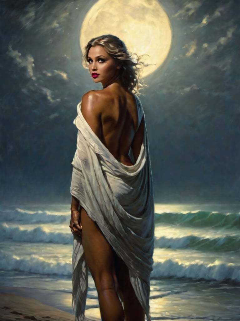 Soft focus. Hyper-realistic, highest resulution possible, side light, full length portrait, a beautiful surfer girl with tan skin, wears a shawl,
 face lit by moonlight, she is strong and beautiful.   style of Frazetta, masterpiece