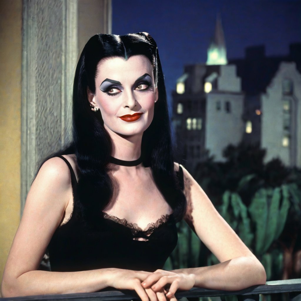 soft focus, full color, low saturation, low contrast, low diffused lighting, photorealistic, highest resolution possible, slight film grain. Night has come. beautiful young Lily Munster is relaxing on the balcony at a luxury Hollywood hotel, circa 1980s. She is young and glamorous and strong. cheerful, with a pleasant expression on her beautiful face. Her skin is not shiny or glossy. Her hands are perfect and smooth. She has only one head.

High resolution, high color, 