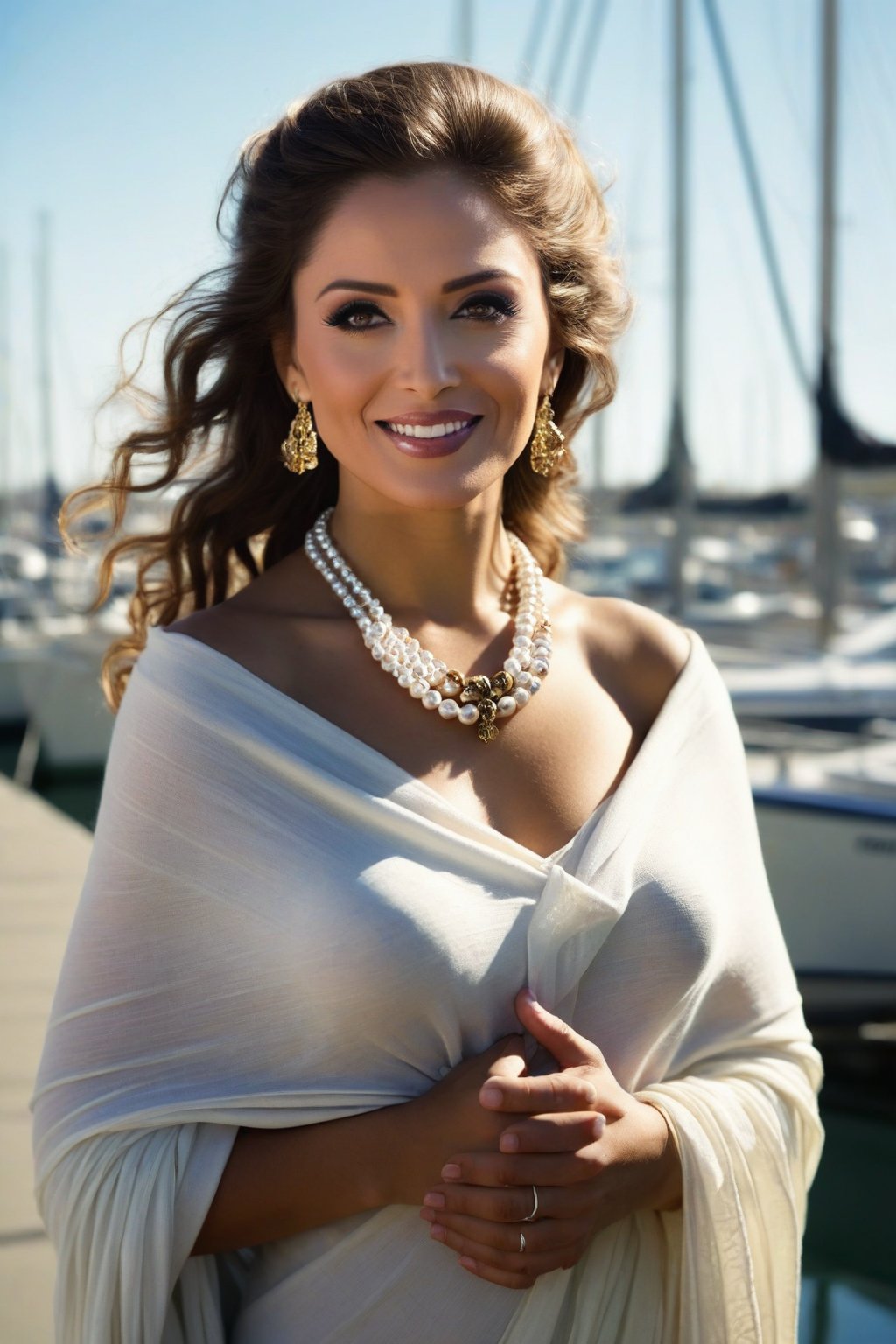 Soft focus. Hyper-realistic, highest resulution possible, side light, full length portrait, It's a beautiful day at the marina. a beautiful mexican girl with tan skin, slight grin, wears a shawl and pearl necklace.
 face lit by the sun, she is strong and beautiful.   style of Frazetta, masterpiece