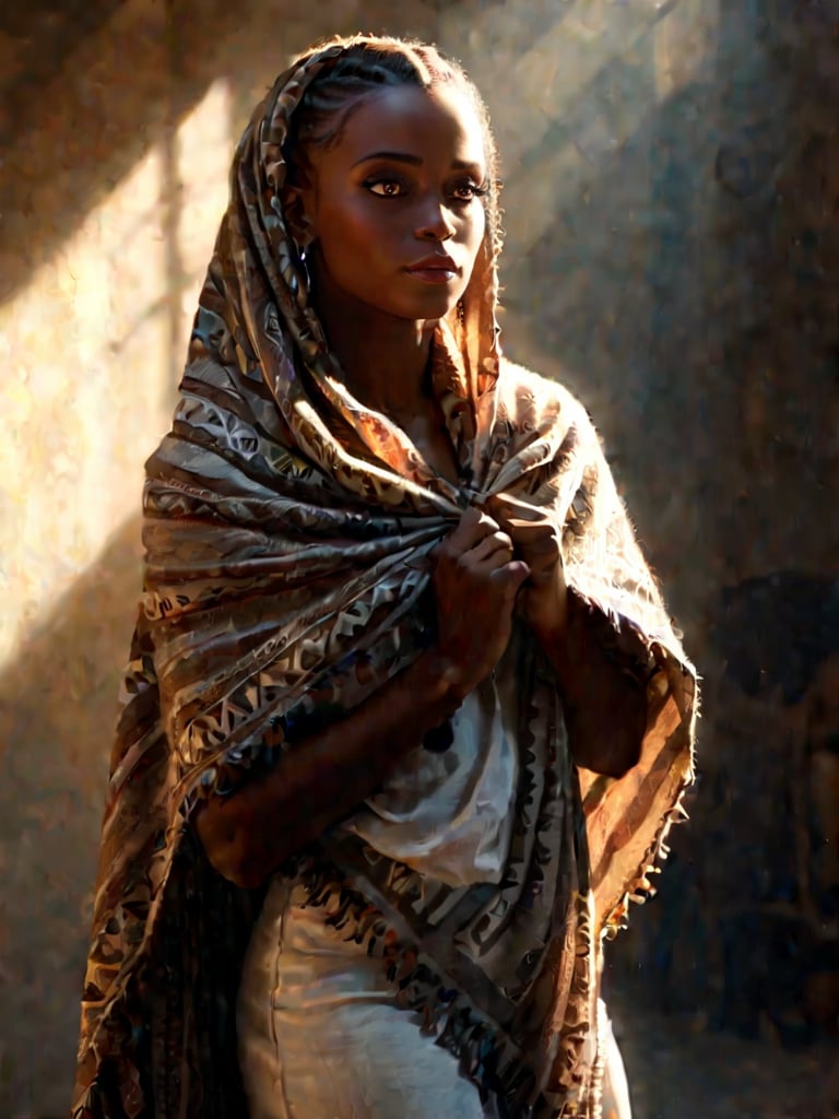 Soft focus. Hyper-realistic, highest resulution possible, side light, full length portrait, a beautiful girl with brown skin, wears a shawl,
 face lit by reflected light, she is strong and beautiful.   style of Frazetta, masterpiece