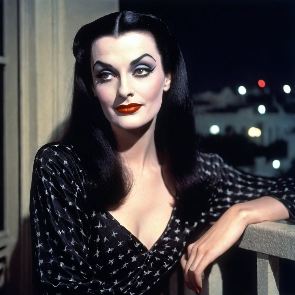 soft focus, full color, low saturation, low contrast, low diffused lighting, photorealistic, highest resolution possible, slight film grain. Night has come. beautiful young Lily Munster is relaxing on the balcony at a luxury Hollywood hotel, circa 1980s. She is young and glamorous and strong. cheerful, with a pleasant expression on her beautiful face. Her skin is not shiny or glossy. Her hands are perfect and smooth. She has only one head.

High resolution, high color, 