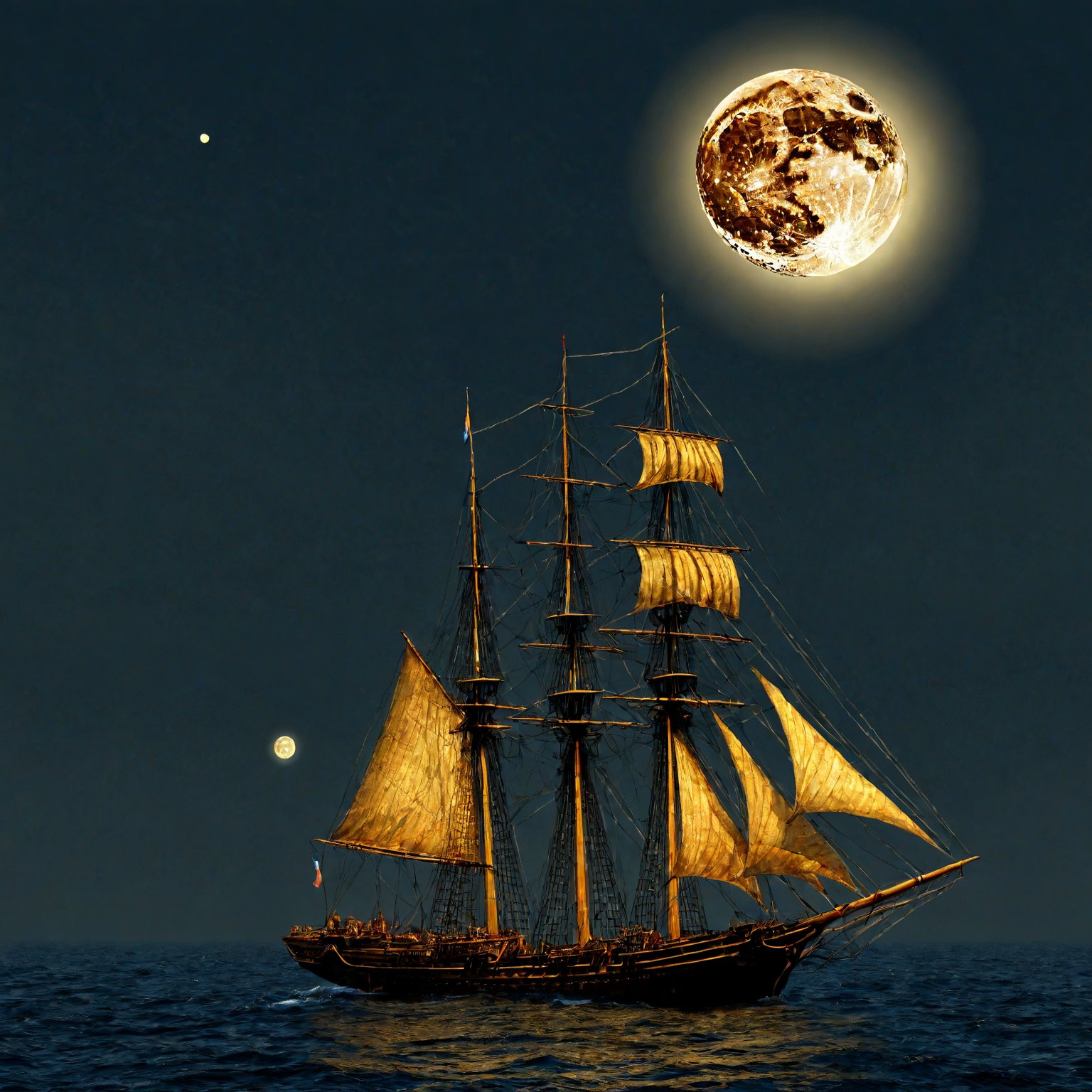 hyper realistic, photographic, Please extrapolate an image from the following lyrics, 
"See her how she flies.
Golden sails across the sky.
Close enough to touch, but
careful if you try, 
though she looks as warm as gold.
The moon's a harsh mistress.
She's hard to call your own."