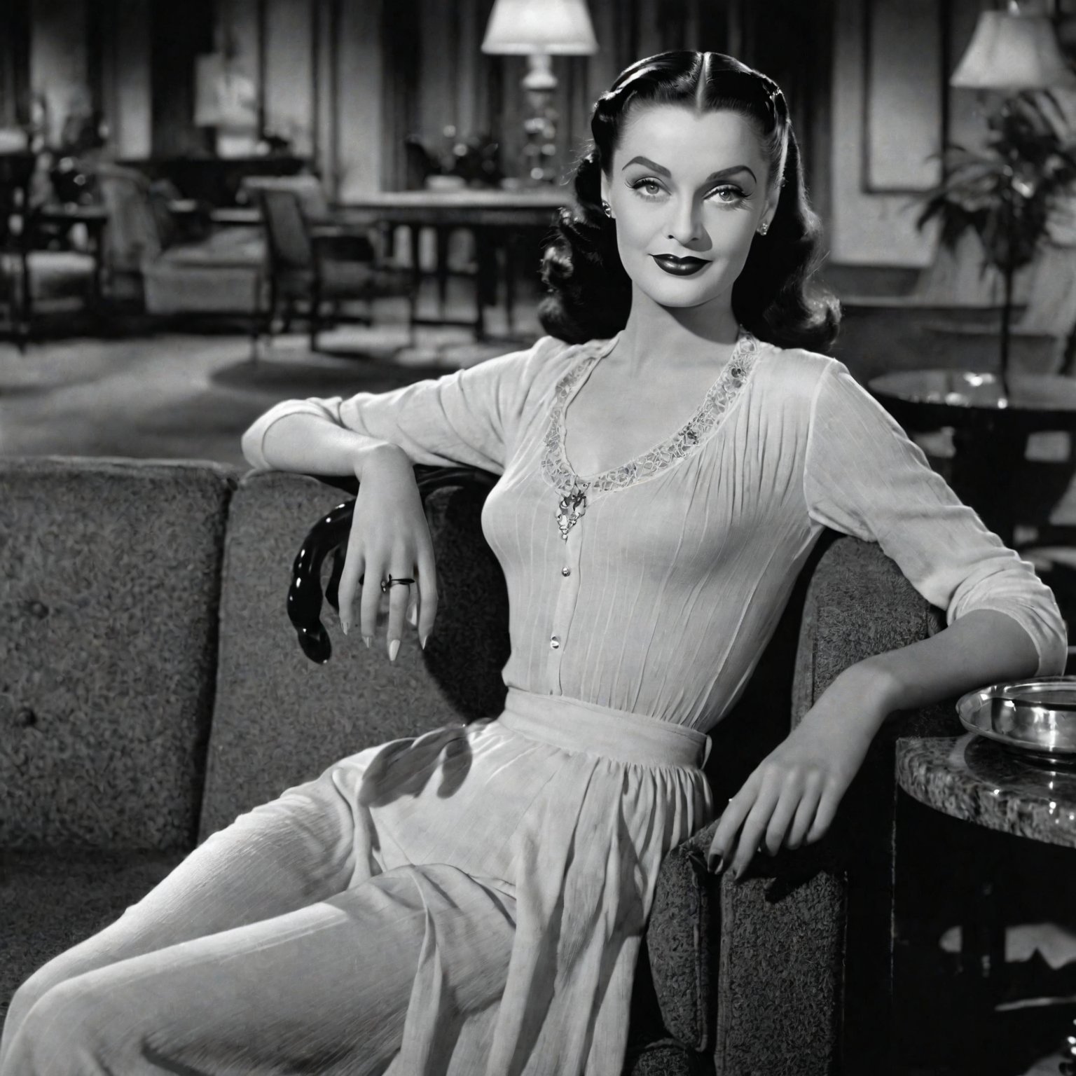 soft focus, low saturation, low contrast, low diffused lighting, photorealistic, highest resolution possible, slight film grain. Night has come. full length portrait of beautiful young Lily Munster relaxing in the lobby at a luxury resort, circa 1950s. She wears a flowing white gossamer garment. She is young and glamorous and strong on this beautiful evening. She is cheerful, with a pleasant expression on her beautiful face. Her skin is not shiny or glossy. Her hands are perfect and smooth.

High resolution, high color, 