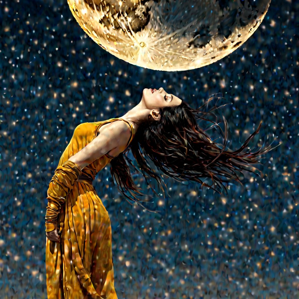 hyper realistic, photographic, Please extrapolate an image from the following lyrics, 
"See her how she flies.
Golden sails across the sky.
Close enough to touch, but
careful if you try, 
though she looks as warm as gold.
The moon's a harsh mistress.
She's hard to call your own."