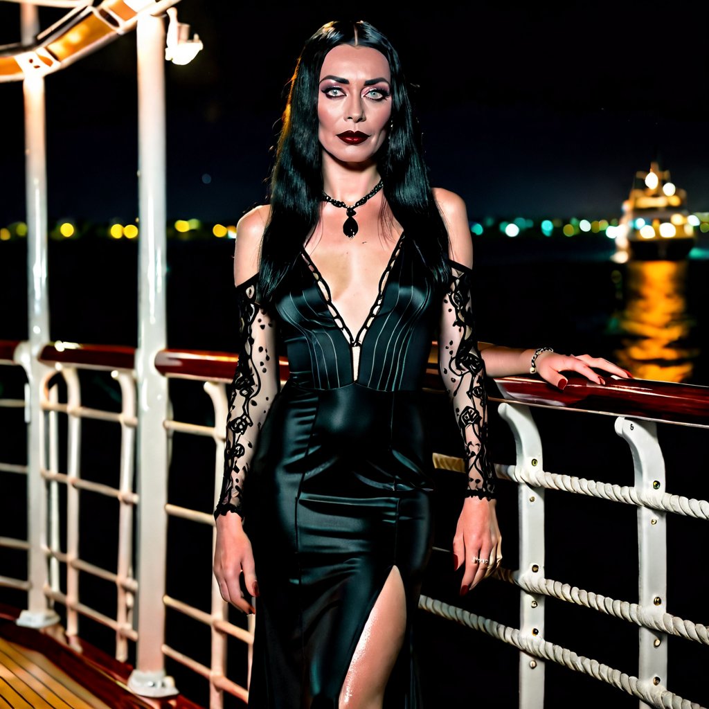 nsfw, soft focus, low saturation, low contrast, diffused lighting, photorealistic, highest resolution possible, captured with Canon R5 and 300mm lens at f/8. Night has come in Jamaica. full length portrait of youthful Morticia Addams standing at the rail on a luxury yacht. She is strong and sexy on this beautiful Caribbean evening. Her skin is not shiny or glossy. 

High resolution, high color, 