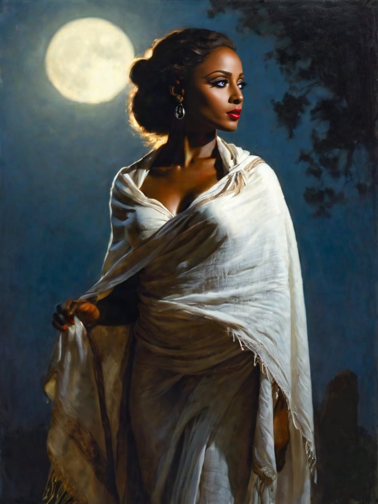 Soft focus. Hyper-realistic, highest resulution possible, side light, full length portrait, a beautiful girl with brown skin, wears a shawl,
 face lit by moonlight, she is strong and beautiful.   style of Frazetta, masterpiece